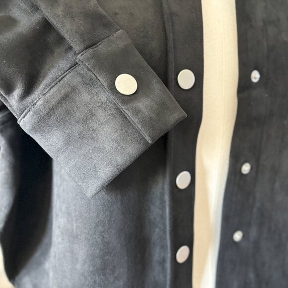 Women's Suede Shirt Jacket Top | Button Down Long Sleeve | Black - Picture 7 of 9